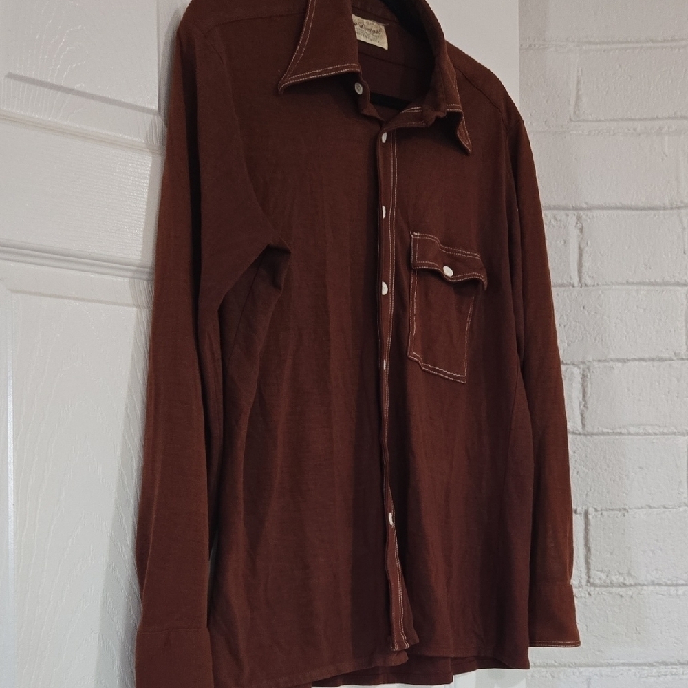Vintage Donegal Brown Button-Up Shirt with White Stitching Size Large - Picture 2 of 9